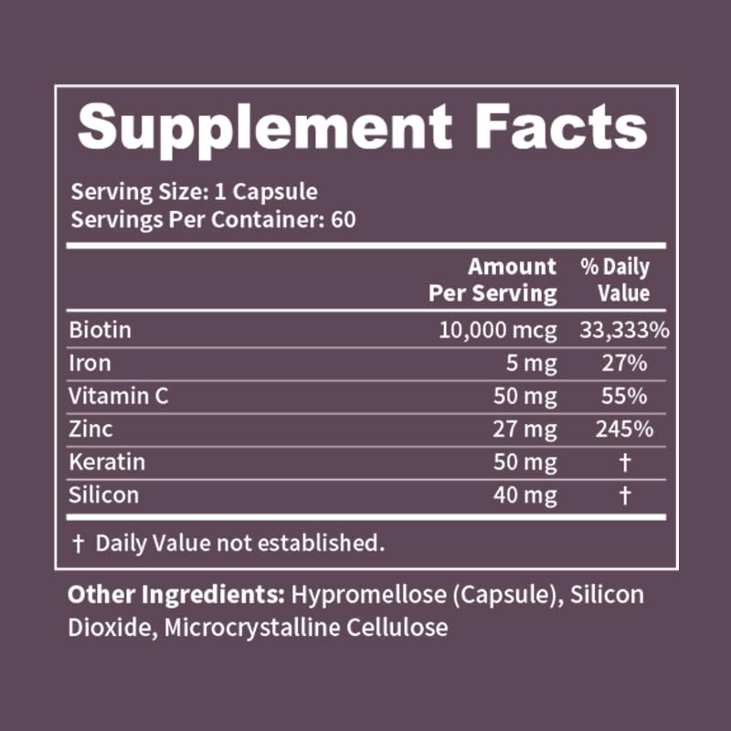 Premium Hair, Skin & Nails Supplement – Biotin 10,000mcg, Keratin, Zinc, Iron, Vitamin C & Silicon – Strengthen Hair & Nails, Boost Glow – 60 Capsules