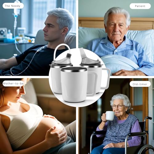 Adult Spill Proof Cup for Elderly, 3 in 1 Stainless Steel Sippy Cup with Straw and 2 Lids, Suitable for Seniors Disabled Patients Limited Mobility, 14 OZ