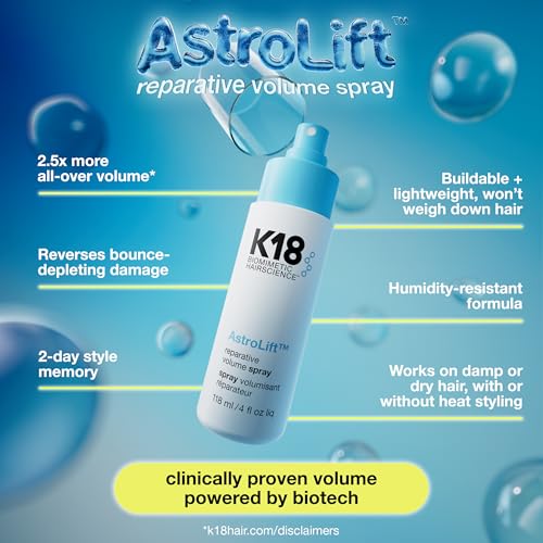 K18 AstroLift™ Reparative Volume Spray, 2-Day Hair Thickening + Hold For Thin, Fine, Fragile Hair, Non-Sticky, Non-Crunchy, Humidity-Resistant Volumizing Spray 4 Fl Oz