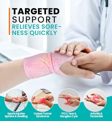 HiRui Wrist Wraps 2-Pack, Adjustable Breathable Wrist Support Brace for Men & Women – Pain Relief for Carpal Tunnel Syndrome, Tendonitis, Arthritis, Sports, Workouts – Fits Left & Right Hand (Pink) Pink