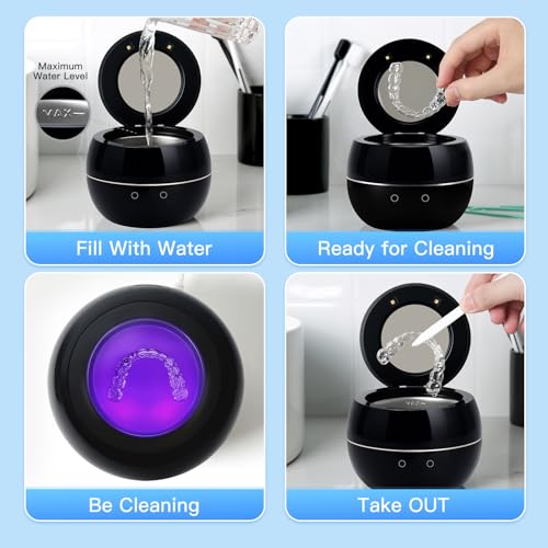 Dental Ultrasonic Retainer Cleaner Machine: 45kHz Dental Cleaning Pod for Denture, Aligner, Mouth Guard, Night Guard, Braces & Jewelry, UV Denture Cleaner with Digital Timer & Dual Mode 250ML Black