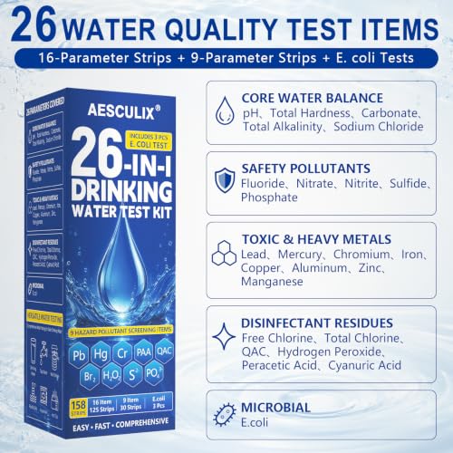 26 in 1 Water Test Kit for Drinking Water 158 Strips, Upgraded Home Water Testing Strips for Well & Tap Water, Detects Hardness, Chlorine, pH, Lead, Iron, Copper & Multiple Water Quality Contaminants