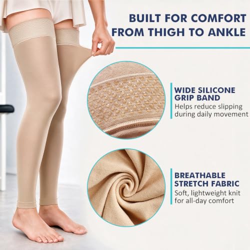 beister Thigh High Compression Stockings, 15-20 mmHg Footless, 1 Pair Beige XXL
