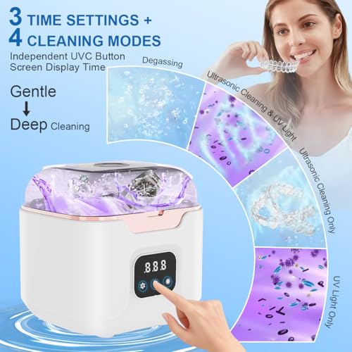 Ultrasonic Retainer Cleaner Machine, 48kHz Ultrasonic Dentures Cleaner with Timer & 4 Modes, 240ML Dental Pod for Mouth Guards, Braces, Aligner, Toothbrush, Jewelry, Makeup tool.