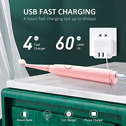 Sonic Electric Toothbrush, USB Rechargeable Powerful Sonic Cleaning Tooth Brush with 6 Modes, 5 Brush Heads + 1 Facial Cleansing Brush Head + 1 Face Massage Head Whitening Toothbrushes