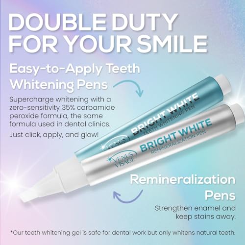 Venus Visage Teeth Whitening Pen (4 Pack) and Teeth Whitening Kit with LED Light Device - Includes 3 Gel Pens, Tooth Whitener Trays & Remineralization Pens, Low Sensitivity & Enamel-Safe, Mint Flavor