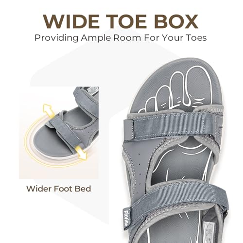 FitVille Wide Orthopedic Women's Sandals Wide Width Walking Sandals for Women Plantar Fasciitis & Swollen Feet with Adjustable Ankle Strap 8 Wide Grey