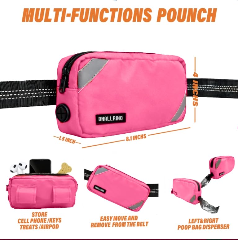 Hands Free Dog Leash with Waterproof Pouch, Adjustment Bungee Leash with Dual Soft Padded Handles for Hiking, Walking, Jogging and Running Your Dogs(Pink) pink - BeesActive Australia