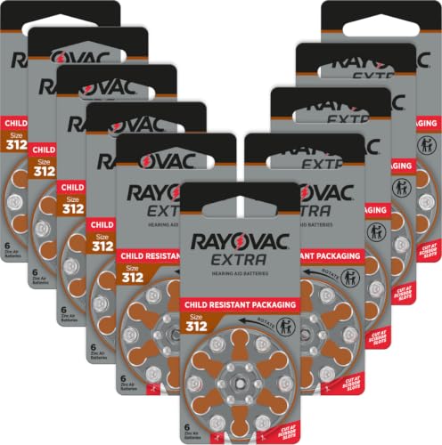 Rayovac Extra Size 312 Hearing Aid Batteries, Long-Lasting Power, Zinc-Air, Mercury Free, 1.45V, Improved Child-Resistant Packaging, Recyclable, 60 Count (10 Packs of 6)