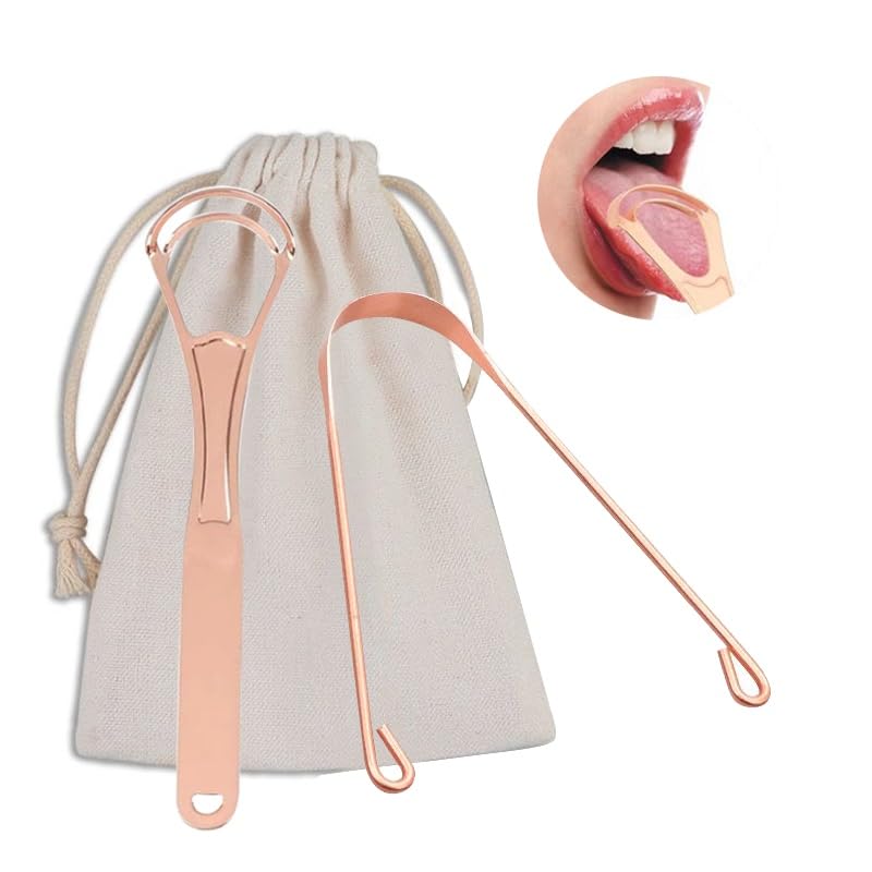 2Pcs Copper Tongue Scraper, Tongue Cleaner Set for Adults Kids, Stainless steel Wide Double Blades Oral Tongue Brush Cleaning Scrapping Sweeper for Fresh Breath and Mouth Hygiene Care with Travel Bag - BeesActive Australia