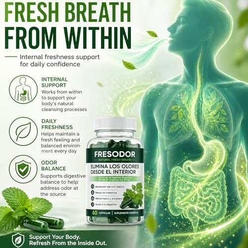 Fresodor para Mal Aliento, Internal Body Deodorizing Supplement with Chlorophyll, Peppermint, Parsley, Eliminate Bad Breath from Inside Out, Gut Health, Natural Fresh Breath Capsules, 60 Counts 1