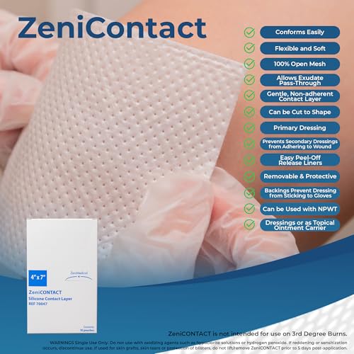ZeniContact (4" x 7") Silicone Contact Wound Dressing, Sterile, 100% Open Mesh Non-Adhering Dressing, Can be Cut to Shape, Flexible & Soft, Primary Dressing, 10/Box