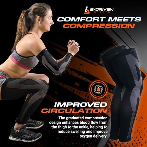 B-Driven Sports Full Leg Compression Sleeves, Graduated Compression 20-30mmHg, Thigh to Ankle, Medical Grade, Calf, Knee, Varicose Veins, Running, Sports, Men & Women - 1 Pair Medium