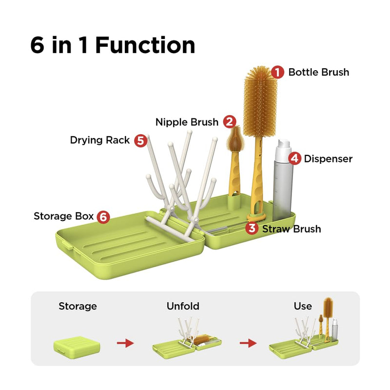 Travel Bottle Brush, Travel Bottle Cleaner Kit with Foldable Bottle Drying Rack, for Visit Friends and Relations, Baby Travel Essentials, BPA Free, Green - BeesActive Australia