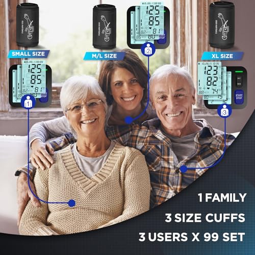 Upper Arm Blood Pressure Machine - 3 Size Cuffs, Small 7"-9", Medium 9"-17" and Extra Large XL 13"-21" for Big Arms, Accurate Automatic Digital BP Machine for Home Use, Large Display, 3 Users Small, Medium/Large & XL Cuff Sizes