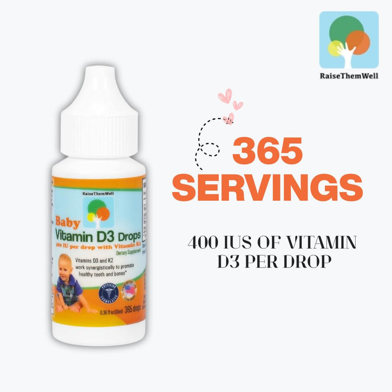 Raise Them Well- Vitamin D and K Drops for Bone and Teeth Health, 365 Servings, 0.36 fl/oz | D3 and plant-based K2 MK-7 support calcium absorption, bones and healthy teeth | Flavorless formula designed for little ones