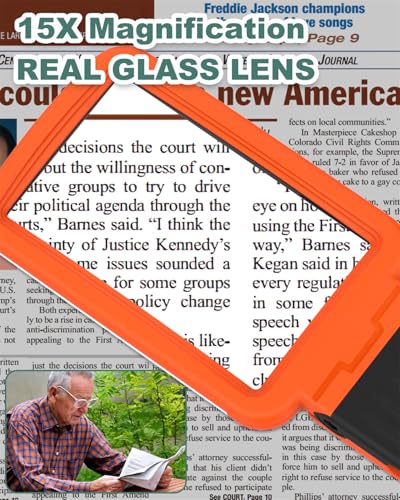15X Magnifying Glass with Light and Stand, Rechargeable Folding Handheld Real Glass Magnifier, 3 Color Modes Dimmable Lighted Page Magnifier for Reading Small Prints, Seniors with Macular Degeneration Orange-back 15X