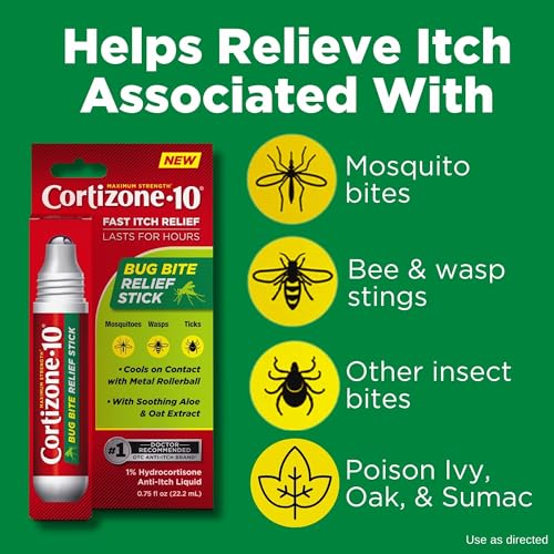 Cortizone-10 Maximum Strength Itch Relief Bug Bite Relief Stick 1% Hydrocortisone, Fast-Acting, Anti-Itch Liquid for Bug Bites, Rash, Eczema, Psoriasis, Poison Ivy, Oak, Sumac, .75 fl. oz, 4 pk