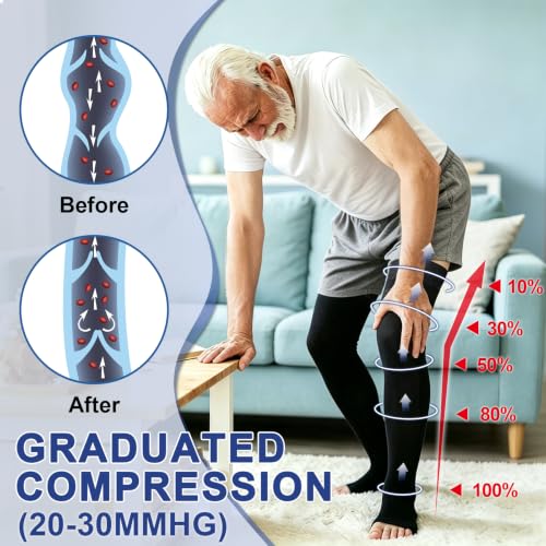 Beister 1 Pair Medical Open Toe Thigh High Compression Stockings with Silicone Band for Women & Men, Firm 20-30 mmHg Graduated Support for Varicose Veins, Edema, Flight. Large (Pack of 1) Black