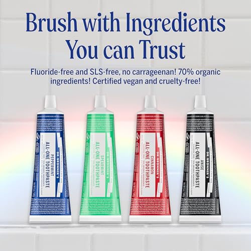 Dr. Bronner’s All-One Toothpaste Pack of 3– Spearmint, 5 oz– Fluoride-Free Toothpaste for Adults, SLS-Free, 70% Organic & Natural Ingredients, Vegan, Helps Freshen Breath & Reduce Plaque 5 Ounce (Pack of 3)