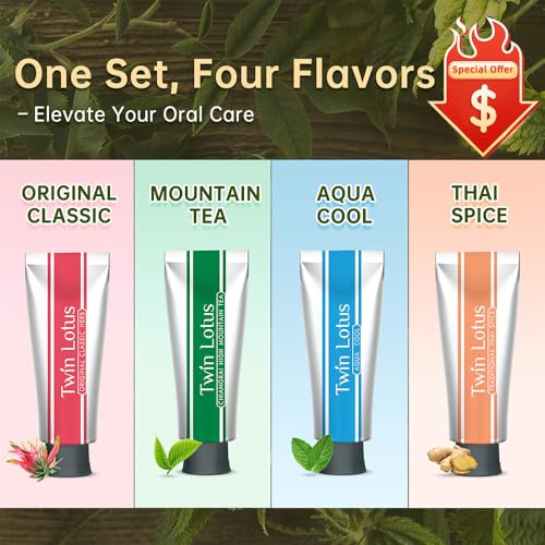 Twin Lotus Herbal Toothpaste Mixed Flavors Set 3.52oz (Pack of 4),Curcumin and Clove，fluoride free,no Gluten、GMO and Saccharin,with Natural Particles，for Teeth Whitening