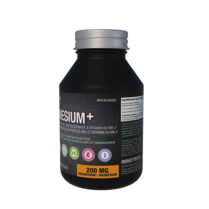 INNOTECH Nutrition Magnesium + 120 Capsules - Contains Magnesium Bisglycinate, Zinc Gluconate & Vitamins K2, MK-7 - Maintain Proper Muscle & Immune Function