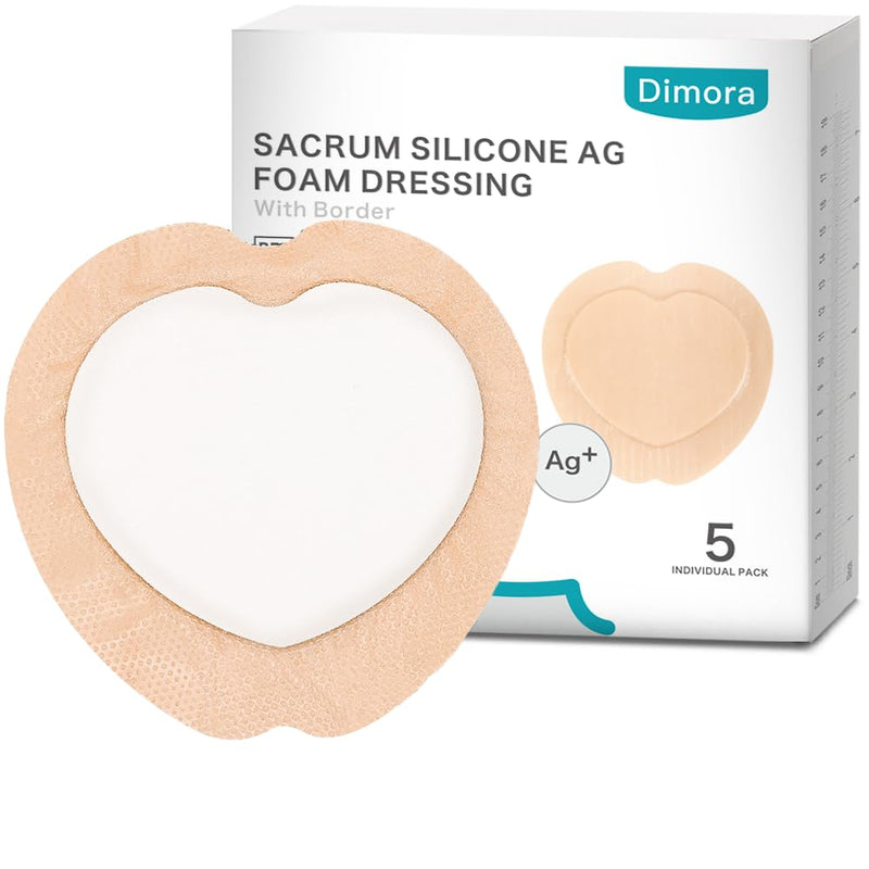 Dimora Ag Silver Sacrum Foam Wound Dressing Bandages Silicone Adhesive Border 7"x7" Waterproof Sacral Pads Absorbent Breathable Bed Sore Pressure Dressing 7"x7"-Silver（pack of 5） - BeesActive Australia