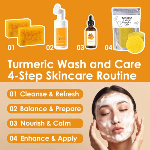 Turmeric Wash and Care Kit – Turmeric Face Wash with Brush, Exfoliating Facial Pads, Turmeric Oil and Cleansing Soap Bars– Jabon de Curcuma, Natural Skincare for Face & Body (4PC Set, Count, 4) 4PC Set (Turmeric) 5