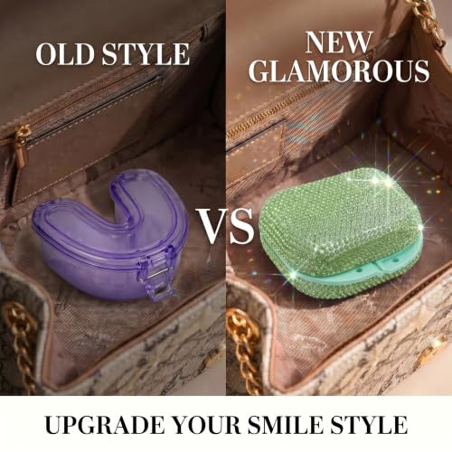 Bling Retainer Case Cute Mouse Guard Case Dental Partial Retainer Container Diamond Slim Night Guard Holder with Clip for Travel(Green) green