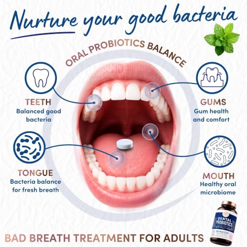 Oral Probiotics for Teeth and Gums - 3BN CFU Lactobacillus Salivarius Acidophilus Rhamnosus Streptococcus - Bad Breath Treatment for Adults - 45 Chewable Mint Dental Probiotic Tablets for Women & Men 45 Count (Pack of 1)