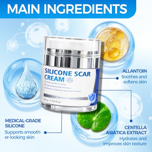 Scar Cream, Silicone Scar Gel, Professional Scar Removal Cream for Surgical Scars, Stretch Marks, Keloids, Burns, Acne, Old and New Scars, 1.76 oz (50ml) 50g