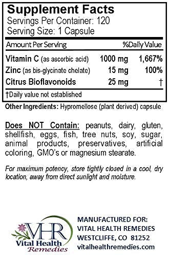 VHR Vitamin C 1,000 MG with ZINC & Citrus BIOFLAVONOIDS Preservative-Free High Potency Antioxidant Formula for Healthy Immune Support!(120) 1 Count (Pack of 120)