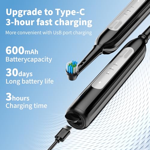 Rotating Electric Toothbrush - 3 Cleaning Modes, Smart Memory & 2-Minute Timer, Type-C Rechargeable Sonic Toothbrush with Low Battery Alert, Includes 8 Replacement Brush Head (Black) Black