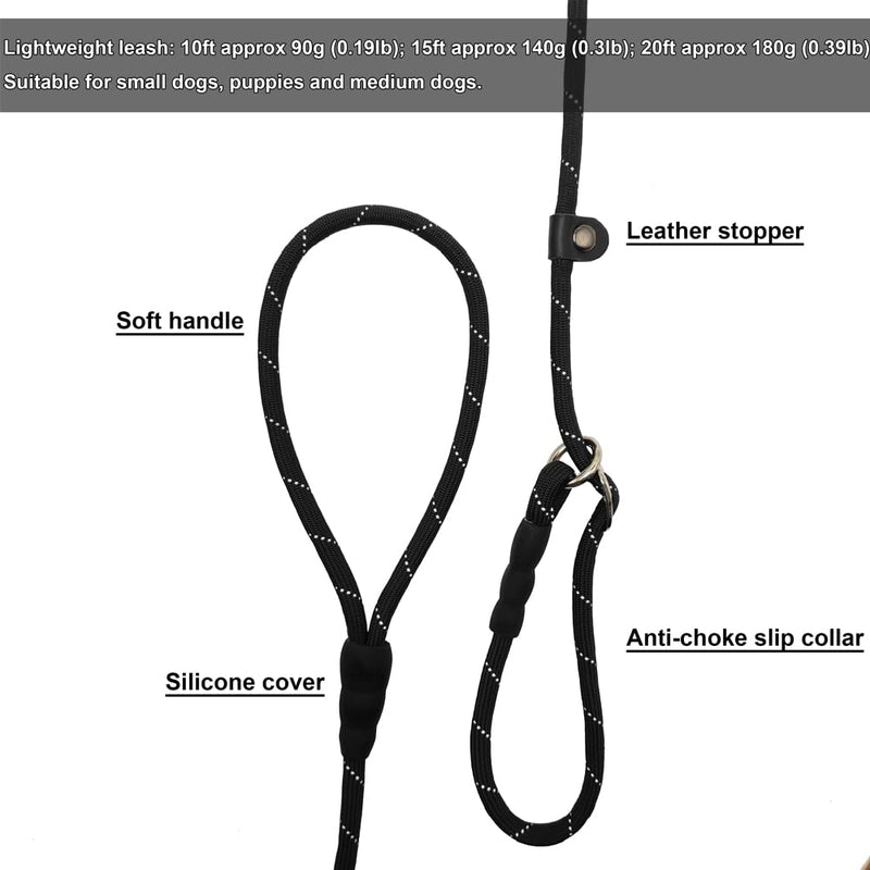 BTINESFUL 10FT / 15FT / 20FT Anti-Choke Slip Lead Dog Leash, Reflective 1/3” Rope Leash Long Training Lead for Small Medium Dogs black 10ft * 1/3" - BeesActive Australia
