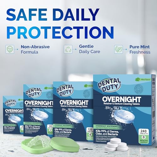 Dental Duty Overnight Retainer Cleaner Tablets – Deep Clean Invisalign & Denture Cleaning Tablets for Aligners, Mouthguards & Night Guards – Removes Odor, Plaque & Stains – 120 Count
