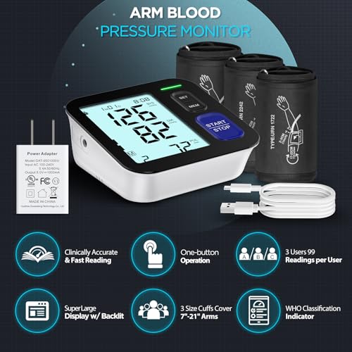 Upper Arm Blood Pressure Machine - 3 Size Cuffs, Small 7"-9", Medium 9"-17" and Extra Large XL 13"-21" for Big Arms, Accurate Automatic Digital BP Machine for Home Use, Large Display, 3 Users Small, Medium/Large & XL Cuff Sizes