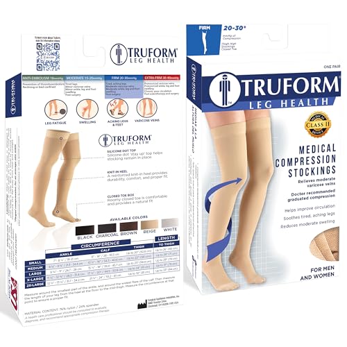 Truform 20-30 mmHg Compression Stockings for Men and Women, Thigh High Length, Dot Top, Closed Toe, Black, Medium Medium (1 Pair)