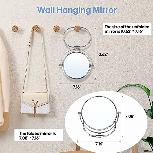Portable Folding Travel Makeup Mirror,1X/10X Magnifying Vanity Mirror,6” Double-Sided 360° Swivel,Handheld & Wall Hanging Metal Mirror for Home and On-the-Go Use,Travel Storage Bag Included,No Light Silver-6in-10x