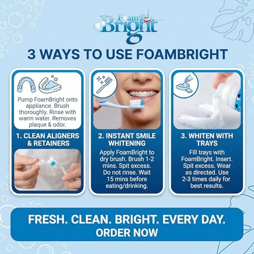 Aligner & Retainer Cleaner Whitening Foam | Compatible with Invisalign, Byte, Candid, ClearCorrect | Night Guard Mouth Guard Denture Cleaner | Whitens Teeth, Peroxide Free, Enamel Safe | FoamBright 1 Unit