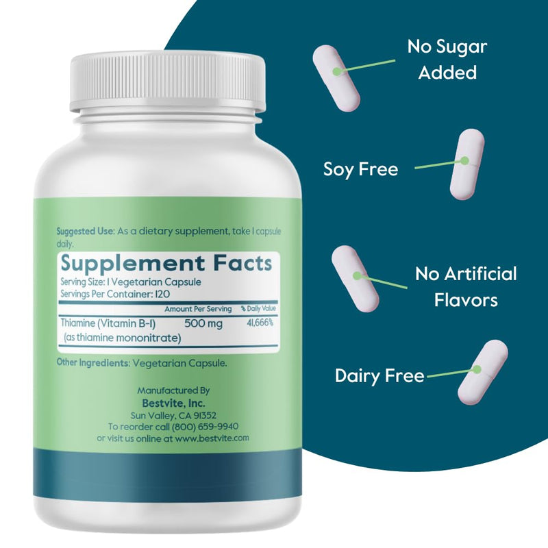 BESTVITE Vitamin B-1 (Thiamin) 500mg (120 Veg Caps) - No Fillers | No Stearates - Vegan - Non GMO - Gluten Free - No Silicon Dioxide - Supports Energy Metabolism* 120 Count (Pack of 1)