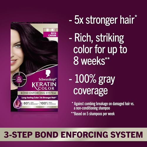 Schwarzkopf Keratin Permanent Hair Dye Cream, 1.9 Rich Caviar, Professional Quality Color for Up to 100% Gray Coverage, Bond Enforcing System (Pack of 2) קוויאר עשיר 2.03 Fl Oz (Pack of 2)