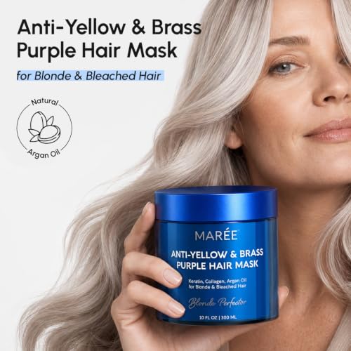 MAREE Anti Yellow Purple Hair Mask for Damaged Hair - Purple Deep Conditioner & Blonde Toner - Hydrating Deep Conditioning for Dry, Curly, Blonde, Orange, Brassy, Bleached - Mascarilla para el Cabello 10 Fl Oz (Pack of 1)