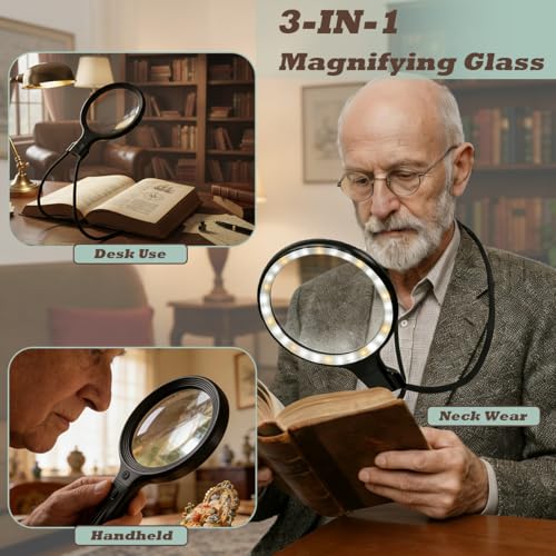 Hands Free Neck Wear Magnifying Glass with 30 LED Lights, Full Book Page 5X/10X Rechargeable Reading Magnifier Flexible Gooseneck Magnifiers for Seniors, Low Vision, Sewing, Crafts & Close Work Black