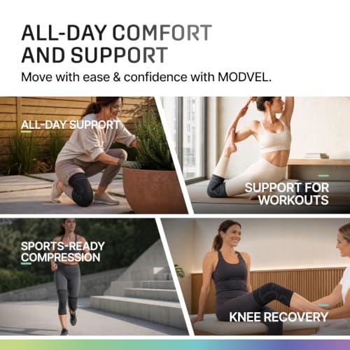 Modvel 2 Pack Knee Brace for Women - Knee Support for Walking, Knee Compression Sleeves for Pain Relief, Knee Sleeves for Women, Knee Brace for Sports, Workouts & Arthritis Black/Grey - Best Seller Large