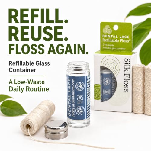 Dental Lace Refillable Silk Dental Floss, Mint, Waxed, PFAS Free, 2 Pack Waves Container (Pack of 2)