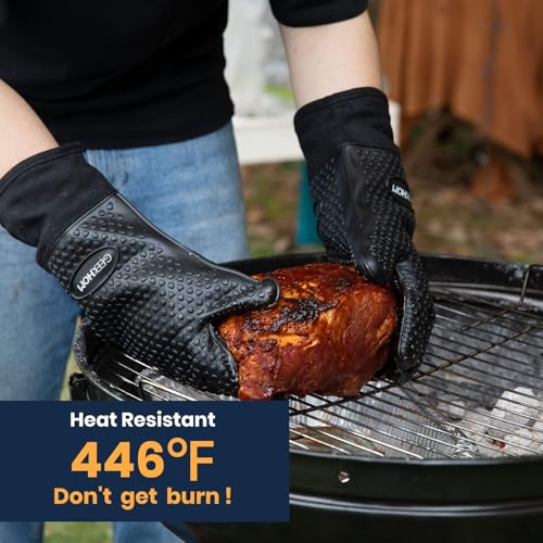 GEEKHOM BBQ Gloves Heat Resistant, 13.7 Inch Long Waterproof Silicone Oven Mitts for Grilling and Smoker, Non-Slip 5 Finger Kitchen Hot Mitts for Baking, Cooking & Cast Iron, Black Large