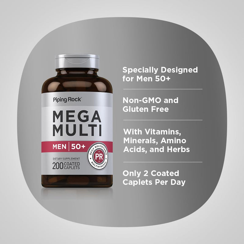Piping Rock Multivitamin for Men Over 50+ | 200 Caplets | Mega 50 Plus Daily Multimineral | with Magnesium, Calcium, Zinc | Non-GMO, Gluten Free Supplement
