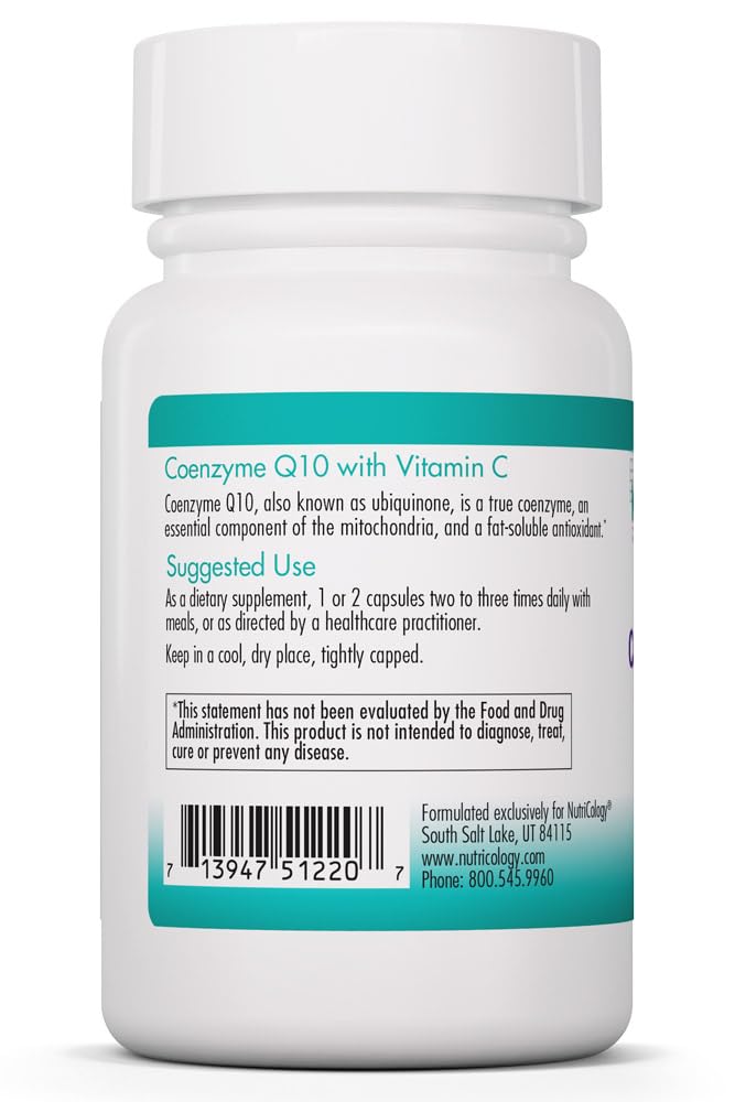 NutriCology Coenzyme Q10 50 mg Heart Health, 75 Vegetarian Capsules | Delivers 50 mg CoQ10 with Vitamin C for Cellular Energy Production, Antioxidant Activity and Heart Wellness