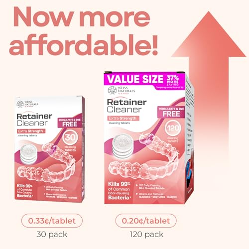 Weiss Naturals Dye-Free Retainer Cleaning Tablets, Invisalign Cleaner, Persulfate-Free Night Guard Cleaner, Removes Stains & Odor, MINT Scent, 120 Tablets (4-Month Supply) 120 Count (Pack of 1)