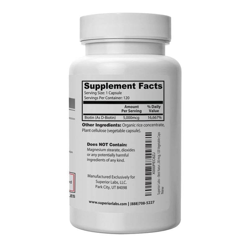 Superior Labs – Best Natural Biotin NonGMO Supplement – for Luscious Longer Hair and Lashes – Stronger Nails – Healthy Skin – Energy Booster – Healthy Weight - 5000 mcg, 120 Vegetable Caps